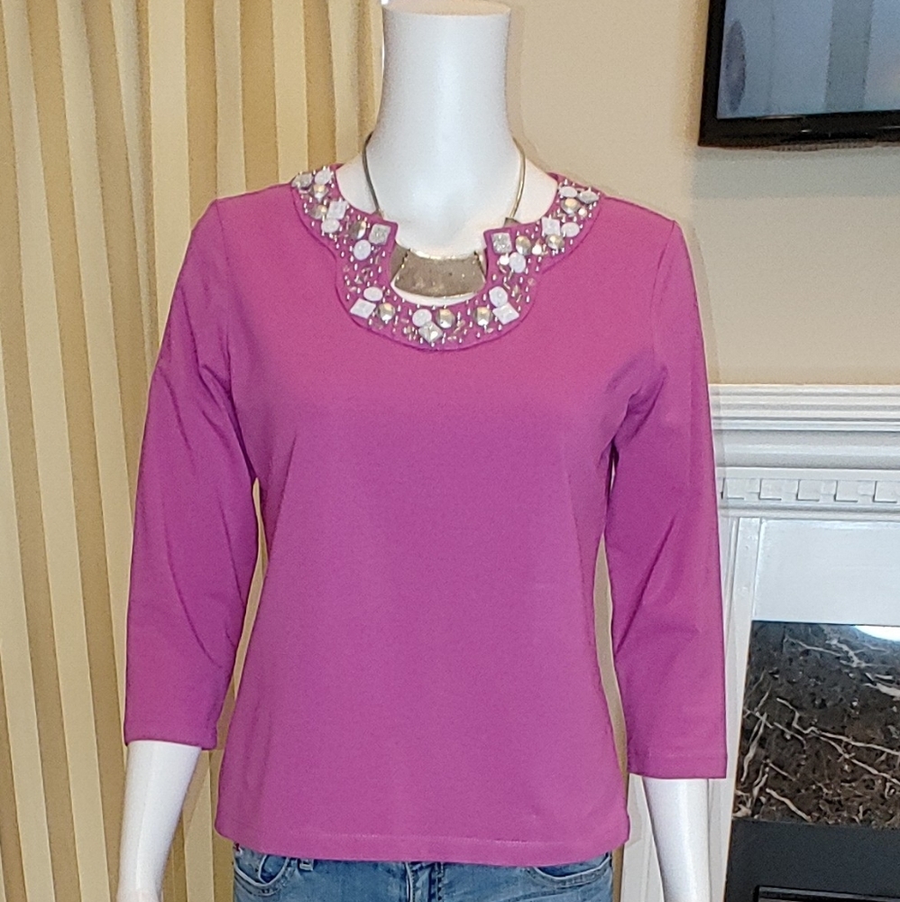 RUBY RD HORSESHOE BEADED NECK TOP PS